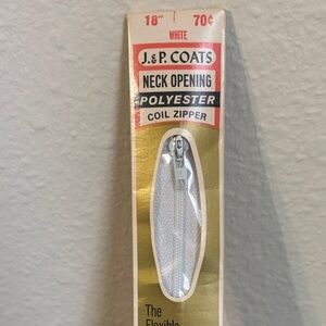 Vintage J & P COATS Polyester Coil Zipper The Flexible Chic Zipper White 18"